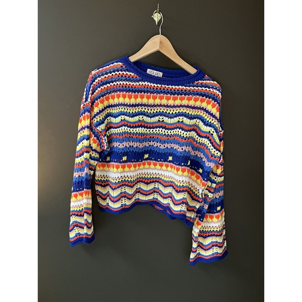 VRG GRL Long Weekend Sweater M/L Rainbow Crochet Open Knit Cropped Boho